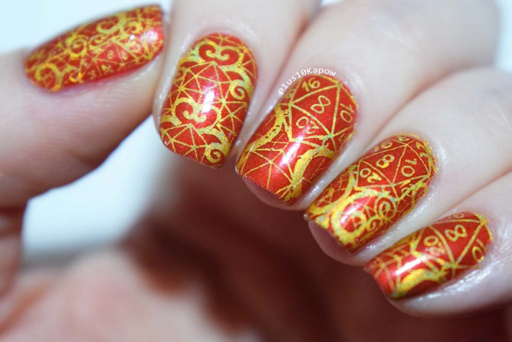 D20 dice set red and gold nails